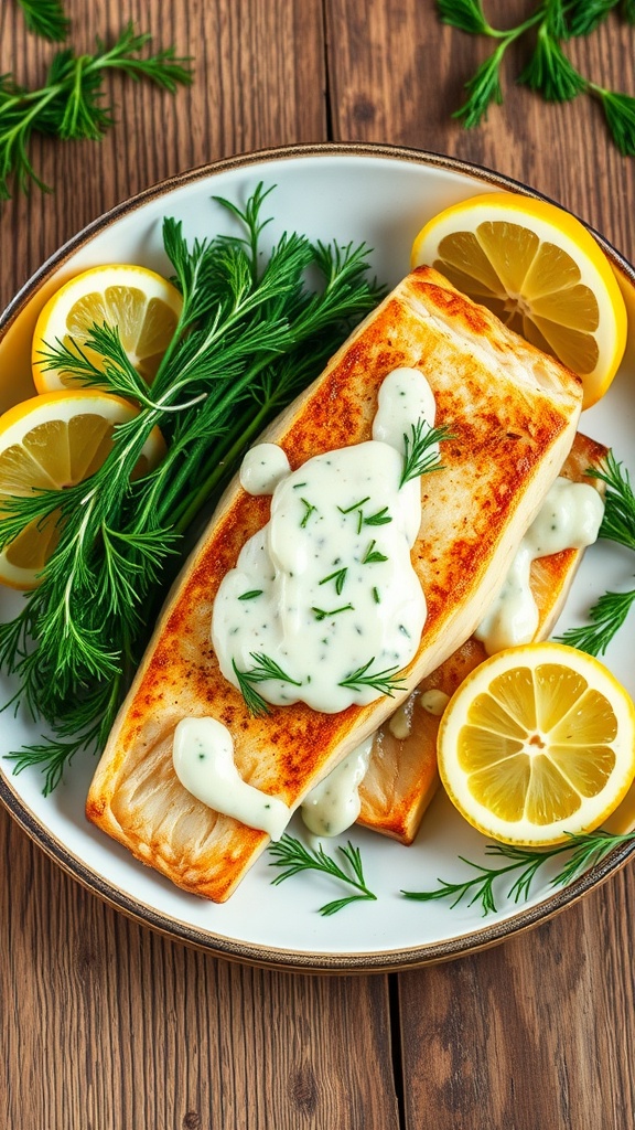 Pan-seared sea bass fillets with creamy dill sauce and lemon wedges, beautifully plated.